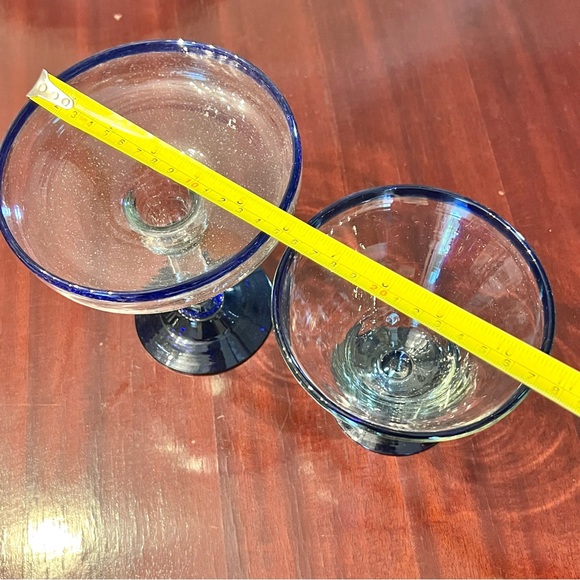 2 Mexican Hand Blown Cocktail Glasses Margarita Martini Blue Rim Recycled Glass - Picture 12 of 12